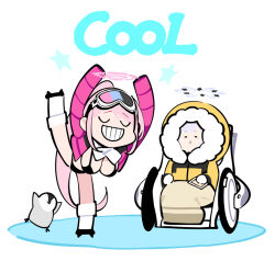 2girls bikini bird black_bikini blue_archive blush breasts chibi closed_eyes eimi_(blue_archive) eimi_(swimsuit)_(blue_archive) goggles goggles_on_head grin halo himari_(blue_archive) jacket long_hair multiple_girls official_alternate_costume padded_jacket penguin pink_hair pink_halo pink_jacket ponytail popqn powered_wheelchair runny_nose scarf ski_goggles smile snot standing standing_on_one_leg swimsuit wheelchair white_scarf