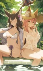 Rule 34 | 2girls, absurdres, animal ear fluff, animal ears, bikini, bikini under clothes, blue archive, breasts, brown hair, cleavage, closed mouth, crossover, day, ears through headwear, fate/grand order, fate (series), fox ears, fumato, highres, holding, holding umbrella, large breasts, long hair, looking at viewer, multicolored hair, multiple girls, navel, outdoors, red bikini, sitting, smile, soaking feet, stomach, streaked hair, swimsuit, tamamo (fate), tamamo no mae (fate/extra), tamamo no mae (swimsuit lancer) (fate), thigh strap, thighs, umbrella, wakamo (blue archive), water, white bikini, yellow eyes