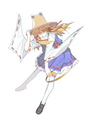 Rule 34 | 1girl, absurdres, blonde hair, blue skirt, blue vest, brown footwear, brown hat, chinese commentary, commentary request, frilled skirt, frills, full body, hand on headwear, hat, highres, holding, medium hair, miko (15476997), moriya&#039;s iron rings, moriya suwako, open mouth, ribbon-trimmed skirt, ribbon-trimmed sleeves, ribbon-trimmed thighhighs, ribbon trim, shirt, simple background, skirt, thighhighs, touhou, vest, white background, white shirt, white thighhighs, wide sleeves, yellow eyes