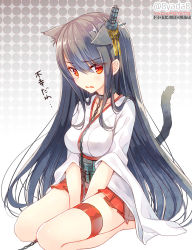 Rule 34 | 10s, 1girl, animal ears, black hair, breasts, cat ears, cat tail, chain, collar, dated, detached sleeves, fusou (kancolle), hair ornament, japanese clothes, kantai collection, kemonomimi mode, long hair, miko, pleated skirt, red eyes, red skirt, sidelocks, sitting, skirt, tail, thigh strap, twitter username, very long hair, wariza, yadapot