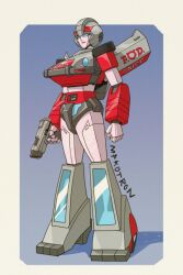 Rule 34 | 1girl, arcee, artist name, blue background, blue eyes, border, full body, fusion, grey border, gun, holding, holding gun, holding weapon, makoto ono, mecha, outside border, red alert (transformers), red lips, robot, shadow, smile, solo, transformers, transformers: generation 1, v-fin, weapon
