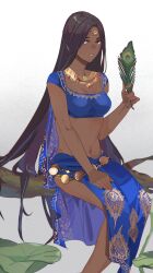 Rule 34 | 1girl, arjuna (fate), black eyes, black hair, blue skirt, breasts, cleavage, commentary request, dark-skinned female, dark skin, fate/grand order, fate (series), feathers, genderswap, genderswap (mtf), gold circlet, gold necklace, highres, holding, holding feather, indian clothes, jewelry, koroponsu3, leaf, long hair, looking at viewer, medium breasts, navel, necklace, parted lips, peacock feathers, side slit, sitting, sitting on branch, skirt, solo, very dark skin, very long hair, white background