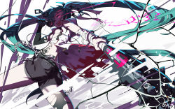 Rule 34 | 1girl, 39, aqua hair, artist name, bandages, belt, breasts, broken glass, butt crack, chain, elbow gloves, from below, glass, gloves, hatsune miku, highres, long hair, looking at viewer, microphone, open mouth, pink eyes, qys3, short shorts, shorts, signature, single elbow glove, single thighhigh, solo, tattoo, thighhighs, torn clothes, torn gloves, torn thighhighs, twintails, very long hair, vocaloid, weapon