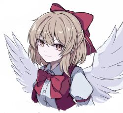 Rule 34 | 1girl, blonde hair, bow, bowtie, closed mouth, cropped torso, gengetsu (touhou), hair bow, highres, long sleeves, looking at viewer, red bow, red bowtie, short hair, simple background, smile, solo, touhou, touhou (pc-98), white background, white wings, wings, yellow eyes, yonoisan