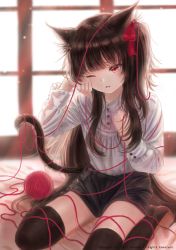 Rule 34 | 1girl, animal ears, barefoot, black hair, black thighhighs, blouse, cat ears, cat girl, cat tail, flat chest, hand on own face, hand up, hou no ka, long hair, long sleeves, one eye closed, original, parted lips, red eyes, red ribbon, ribbon, shirt, shorts, sitting, solo, tail, teeth, thighhighs, upper teeth only, wariza, white shirt, window, yarn, yarn ball