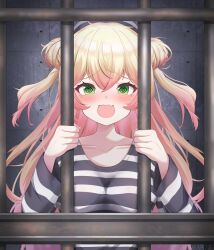 Rule 34 | 1girl, @ @, alternate costume, blonde hair, blush, breasts, commentary request, double bun, gradient hair, green eyes, hair bun, highres, holding bars, hololive, in cell, indoors, iron bars, long hair, long sleeves, looking at viewer, medium breasts, momosuzu nene, multicolored hair, open mouth, pink hair, prison, prison cell, prison clothes, solo, straight-on, suicabar72, tears, two side up, upper body, virtual youtuber