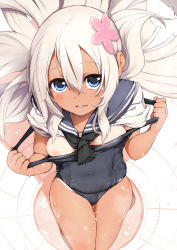 Rule 34 | 10s, 1girl, bad id, bad pixiv id, barefoot, black neckerchief, blonde hair, blue eyes, blue one-piece swimsuit, blue sailor collar, clothes pull, crop top, flower, from above, hair flower, hair ornament, highres, kantai collection, kneeling, looking at viewer, neckerchief, nejime, nipples, one-piece swimsuit, one-piece swimsuit pull, one-piece tan, open mouth, ro-500 (kancolle), sailor collar, school swimsuit, solo, swimsuit, swimsuit under clothes, tan, tanline