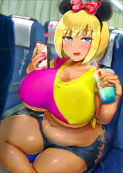 Rule 34 | 1girl, animal ears, blonde hair, blue eyes, blush, bow, breasts, cellphone, cleavage, covered erect nipples, dark-skinned female, dark skin, fake animal ears, fangs, female focus, hair ribbon, highres, huge breasts, ikinari mojio, large breasts, looking at viewer, minnie mouse ears, mouse ears, nail polish, open mouth, original, phone, plump, ribbon, short hair, short shorts, shorts, sitting, smartphone, smile, solo, sweat, thick thighs, thighs, underboob, vehicle interior