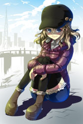 Rule 34 | 1girl, bad id, bad pixiv id, black thighhighs, blonde hair, blue eyes, blush, boots, bridge, cabbie hat, city, coat, female focus, full body, hat, highres, hugging own legs, original, outdoors, shorts, sitting, sky, smile, solo, tcun, thighhighs