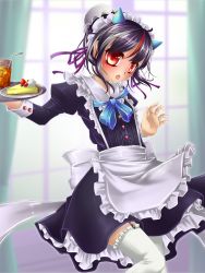 Rule 34 | 1girl, :o, alternate costume, apron, bendy straw, blueberry, cheesecake, cone horns, curtains, drinking straw, enmaided, food, frilled thighhighs, frills, fruit, garter straps, glass, hair bun, hair ribbon, highres, horns, ice, indoors, juliet sleeves, kakiikada, kijin seija, long sleeves, looking at viewer, maid, maid apron, maid headdress, multicolored hair, petticoat, puffy sleeves, raspberry, red eyes, ribbon, single hair bun, solo, strawberry, streaked hair, thighhighs, touhou, tray, white thighhighs, window