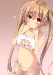 Rule 34 | 10s, 1girl, bare shoulders, bell, blush, bra, breasts, cat cutout, cat ear panties, cat lingerie, choker, cleavage, cleavage cutout, clothing cutout, collarbone, hair ornament, hair ribbon, heart, highres, jingle bell, kantai collection, light brown hair, long hair, looking at viewer, medium breasts, meme attire, murasame (kancolle), navel, panties, purunyara, red eyes, ribbon, side-tie panties, simple background, smile, solo, twintails, underwear, underwear only, white bra, white panties