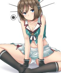 Rule 34 | 1girl, absurdres, bare shoulders, black gloves, black socks, blue eyes, blush, breasts, brown hair, cleavage, feet together, full body, gloves, hair ornament, hairclip, headgear, highres, indian style, kantai collection, kiritto, looking at viewer, maya (kancolle), maya kai ni (kancolle), medium breasts, midriff, navel, no shoes, panties, pantyshot, pleated skirt, school uniform, serafuku, short hair, simple background, sitting, skirt, sleeveless, socks, solo, spoken squiggle, squiggle, underwear, white background, white panties, white skirt, x hair ornament