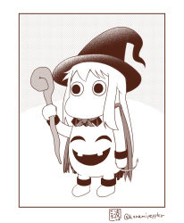 Rule 34 | (o) (o), 0 0, 10s, ankle cuffs, cape, choker, commentary request, hat, jack-o&#039;-lantern, kantai collection, long hair, monochrome, moomin, muppo, no humans, northern ocean princess, sazanami konami, sidelocks, staff, tail, twitter username, witch hat, wrist cuffs