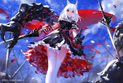 Rule 34 | 1girl, albino, animal ear fluff, animal ears, armor, black dress, black gloves, black panties, blood, blue sky, blurry, breasts, cape, choker, closed mouth, cloud, cloudy sky, day, dress, dutch angle, frilled dress, frills, from below, gauntlets, gloves, hair between eyes, helmet, highres, holding, holding sword, holding weapon, kincora, lance, light smile, long hair, looking at viewer, medium breasts, medium hair, outdoors, panties, pantyshot, pauldrons, petals, pixiv fantasia, pixiv fantasia t, planted, planted sword, planted weapon, polearm, red eyes, ribbon, shoulder armor, sky, smile, solo, solo focus, standing, sword, thighhighs, underwear, upskirt, weapon, white hair, white thighhighs, wind