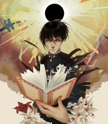 Rule 34 | 1boy, androgynous, artist request, black hair, bowl cut, collarbone, eyelashes, highres, looking at viewer, male focus, megami tensei, protagonist (smtv), school uniform, shin megami tensei, shin megami tensei v, short hair, simple background, solo
