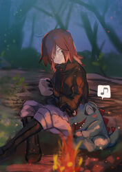 Rule 34 | 1boy, black footwear, boots, brown hair, campfire, closed mouth, commentary request, creatures (company), fire, game freak, gen 2 pokemon, gloves, grey pants, holding, jacket, long hair, long sleeves, male focus, marutoko45, musical note, night, nintendo, outdoors, pants, pokemon, pokemon (creature), pokemon adventures, silver (pokemon), sitting, spoken musical note, totodile, turtleneck, turtleneck jacket
