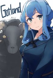 Rule 34 | 1girl, 1other, absurdres, animal, blue dress, blue eyes, blue hair, blue sailor collar, breasts, character name, dress, goat, gotland (kancolle), hair between eyes, highres, kantai collection, large breasts, long hair, long sleeves, ma rukan, military, military uniform, mole, mole under eye, sailor collar, sailor dress, signature, smile, solo, uniform, upper body