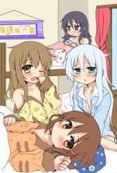 Rule 34 | &gt; &lt;, 10s, 4girls, :3, akatsuki (kancolle), alternate costume, bare shoulders, bed, bed frame, bed sheet, bedroom, black hair, blue eyes, blush, brown eyes, brown hair, closed eyes, commentary request, folded ponytail, hair between eyes, hair ornament, hairclip, hand to own mouth, hibiki (kancolle), ikazuchi (kancolle), inazuma (kancolle), indoors, jpeg artifacts, kantai collection, long hair, long sleeves, lying, miss cloud, multiple girls, off shoulder, on back, on bed, one eye closed, open mouth, oshiruko (uminekotei), pajamas, pillow, purple eyes, short hair, silver hair, sitting, sleepy, under covers, yawning