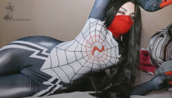 Rule 34 | 1boy, androgynous, ass, black hair, bulge, cosplay, curvy, darkwaifutrap, highres, huge ass, long hair, looking at viewer, lying, marvel, photo (medium), shiny clothes, silk (marvel), skin tight, solo, spider-man (series), top-down bottom-up, trap, very long hair, wide hips