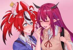 Rule 34 | 2girls, animal ears, black hair, blue eyes, blush, chocolate, feeding, hakos baelz, highres, hololive, hololive english, horns, irys (hololive), long hair, mouse ears, mouse girl, multicolored hair, multiple girls, open mouth, pink background, pointy ears, purple hair, ranox, red hair, school uniform, streaked hair, twintails, very long hair, virtual youtuber, white hair