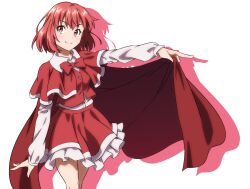 Rule 34 | 1girl, buttons, cape, closed mouth, collared shirt, feet out of frame, frilled skirt, frills, gyouza (mhea5724), long sleeves, okazaki yumemi, red cape, red eyes, red hair, red skirt, red vest, shirt, short hair, simple background, skirt, smile, solo, touhou, touhou (pc-98), vest, white background, white shirt