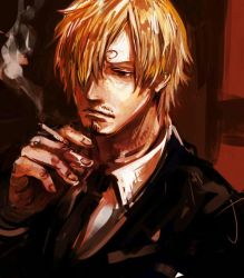 Rule 34 | 1boy, blonde hair, cigarette, formal, hair over one eye, male focus, one piece, sanji (one piece), solo, suit, tsuyomaru
