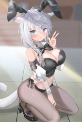 Rule 34 | 1girl, akahaneko, animal ears, bare shoulders, bikini, black bikini, black footwear, black shirt, blue eyes, blurry, bow, bowtie, breasts, brown pantyhose, cat ears, cat tail, cleavage, closed mouth, crop top, cross-shaped pupils, depth of field, detached collar, detached sleeves, facial mark, fake animal ears, final fantasy, final fantasy xiv, hair over shoulder, hand up, heterochromia, high heels, highres, kneeling, large breasts, leotard, long hair, looking at viewer, midriff, miqo&#039;te, nontraditional playboy bunny, pantyhose, playboy bunny, playboy bunny bikini, purple eyes, rabbit ears, revealing clothes, shirt, short sleeves, side-tie bikini bottom, solo, stomach, strapless, strapless shirt, swimsuit, symbol-shaped pupils, tail, thighs, tiara, tile floor, tiles, v, warrior of light (ff14), white hair, wrist cuffs