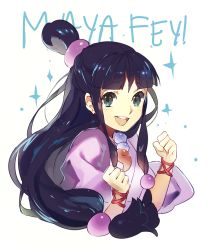 Rule 34 | 1girl, ace attorney, black hair, blue eyes, blunt bangs, character name, hair bobbles, hair ornament, half updo, japanese clothes, jewelry, kimono, long hair, low-tied long hair, magatama, maya fey, necklace, open mouth, sidelocks, solo, sparkle, topknot, weee (raemz)