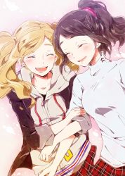 Rule 34 | 10s, 2girls, arm hug, black hair, black jacket, blonde hair, blush, breasts, brown hair, checkered clothes, checkered skirt, closed eyes, collarbone, facing another, hair ornament, hair tie, hair up, hairclip, happy, high ponytail, hood, hoodie, jacket, laughing, long hair, medium breasts, multiple girls, open mouth, persona, persona 5, ponytail, rishi (kurou), school uniform, shirt, short sleeves, skirt, smile, standing, suzui shiho, takamaki anne, teeth, tongue, twintails, white shirt, zipper
