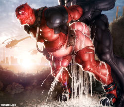 Rule 34 | 2boys, anal, bara, blush, cum, cum in ass, cumdrip, deadpool, deadpool (series), ejaculating while penetrated, ejaculation, erection, inflation, male focus, male penetrated, marvel, mask, multiple boys, muscular, orgasm, outdoors, penis, public indecency, restrained, rokudenashi, sex, size difference, stomach bulge, venom (marvel), yaoi