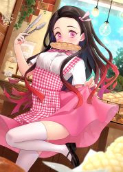 Rule 34 | 1girl, alternate costume, apron, bakery, black hair, blue sky, bow, bowtie, bread, collared shirt, food, food in mouth, gradient hair, high heels, highres, holding, holding tongs, indoors, kamado nezuko, kimetsu no yaiba, knee up, leg up, light bulb, long hair, looking at viewer, mouth hold, multicolored hair, pink apron, pink bow, pink bowtie, pink eyes, pink skirt, red hair, shirt, shop, skirt, skirt hold, sky, socks, solo, standing, standing on one leg, thighhighs, tongs, tree, white shirt, white socks, window, yuki sizuku