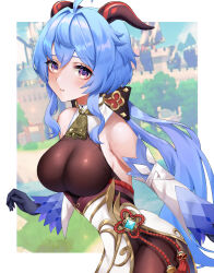 Rule 34 | 1girl, absurdres, ahoge, bare shoulders, black gloves, blue hair, blue sky, bodystocking, breasts, ch r y, commentary, day, detached sleeves, ganyu (genshin impact), genshin impact, gloves, grass, high-waist skirt, highres, horns, large breasts, long hair, long sleeves, looking at viewer, outdoors, parted lips, purple eyes, revision, skirt, sky, solo, tree, upper body, very long hair, white skirt