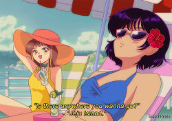 Rule 34 | 1990s (style), 2girls, animification, artist name, beach, beach chair, bikini, black hair, blue bikini, brown eyes, brown hair, cup, day, drinking glass, drinking straw, flower, hair flower, hair ornament, hanavbara, holding, holding cup, ji-yeong, kang sae-byeok, long hair, looking at another, looking away, lying, multiple girls, on back, one-piece swimsuit, outdoors, pink-framed eyewear, retro artstyle, short hair, sitting, spoilers, squid game, sunglasses, swimsuit, yellow one-piece swimsuit
