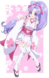 Rule 34 | 1girl, bow-shaped hair, cure fortune, cure fortune (anmitsu komachi), detached sleeves, earrings, full body, happinesscharge precure!, high ponytail, highres, hikawa iona, japanese clothes, jewelry, kimono, long hair, obi, parted bangs, pink sash, precure, purple eyes, purple hair, rii (rii0 02), sash, short kimono, solo, thighhighs, very long hair, white kimono, white thighhighs, wide ponytail