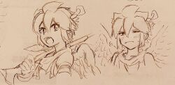 ahoge armlet dark_pit expressions highres holding holding_weapon jewelry kid_icarus kid_icarus_uprising light_blush looking_to_the_side monochrome narrowed_eyes nintendo open_mouth scarf short_hair single_bare_shoulder sketch small_sweatdrop spiked_hair teeth traditional_media upper_teeth_only waffuum weapon wings