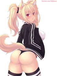 Rule 34 | 1girl, animal ear fluff, animal ears, ass, blonde hair, blush, breasts, cat ears, cat tail, fictional persona, from behind, hands in pockets, highres, jacket, large breasts, long hair, looking at viewer, looking back, no pants, nottytiffy, open mouth, original, panties, red eyes, self-portrait, shirt, slit pupils, solo, tail, thighhighs, thighs, tiffy (nottytiffy), underwear, watermark, web address