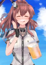 Rule 34 | 1girl, ^ ^, alcohol, beer, black gloves, blush, breast pocket, breasts, brown hair, closed eyes, cup, dress, closed eyes, facing viewer, fingerless gloves, gloves, hair between eyes, highres, holding, holding cup, kamome donburi, kantai collection, large breasts, pocket, saratoga (kancolle), side ponytail, smile, solo, upper body, white dress