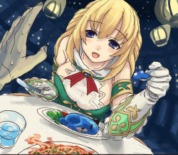 Rule 34 | 10s, 1girl, blonde hair, blue eyes, breasts, cleavage, feeding, food, incoming food, knife, large breasts, long hair, looking at viewer, neptune (series), open mouth, pov feeding, smile, solo, source request, spoon, vert (neptunia)