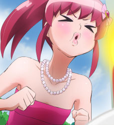 Rule 34 | &gt; &lt;, 10s, 1girl, aino megumi, bare shoulders, closed eyes, happinesscharge precure!, haruyama kazunori, jewelry, lips, necklace, ponytail, precure, red hair, short hair, solo
