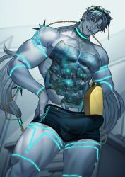 Rule 34 | 1boy, abs, bara, body markings, boxer briefs, bulge, colored skin, commission, cyborg, erection, erection under clothes, feet out of frame, grey hair, grey skin, head tilt, highres, jouvru, large pectorals, long hair, male focus, male underwear, mature male, muscular, muscular male, nipples, object on bulge, original, pectorals, shampoo bottle, shampoo challenge, solo, stomach, thick thighs, thighs, topless male, underwear, underwear only