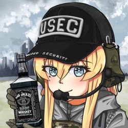 Rule 34 | 1girl, alcohol, baseball cap, black hat, blonde hair, blue eyes, blush, braid, camouflage, cityscape, closed mouth, cloud, cloudy sky, earmuffs, escape from tarkov, gloves, green gloves, grey hoodie, grey sky, hat, holding, hood, hoodie, jack daniel&#039;s, jizi, looking at viewer, military, military uniform, mole, mole under eye, original, outdoors, sky, smile, solo, uniform, vest, whiskey, whiskey (whiskey project)