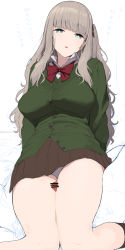 Rule 34 | 1girl, accio, bow, bowtie, breasts, brown skirt, cardigan, censored, expressionless, green cardigan, grey hair, hair bow, hair ornament, highres, large breasts, long hair, looking at viewer, miniskirt, open mouth, original, panties, pantyshot, penis, red neckwear, school uniform, side ponytail, sidelocks, skirt, thick thighs, thigh sex, thighs, underwear, white background