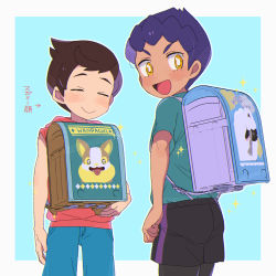 Rule 34 | 2boys, :d, backpack, bag, black shorts, blush, brown eyes, brown hair, character print, chokutsuu (menino), closed eyes, closed mouth, commentary request, creatures (company), dark-skinned male, dark skin, game freak, gen 8 pokemon, green shirt, highres, hop (pokemon), looking back, male focus, multiple boys, nintendo, open mouth, pokemon, pokemon swsh, purple hair, shirt, short hair, short sleeves, shorts, smile, swept bangs, tongue, victor (pokemon), wooloo, yamper, yellow eyes