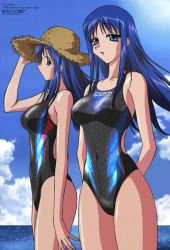 Rule 34 | 2girls, :d, arm up, arms behind back, beach, black one-piece swimsuit, blue eyes, blue hair, blue sky, blush, breasts, clothes writing, clothing cutout, cloud, cloudy sky, competition swimsuit, covered navel, cowboy shot, day, from side, hand on headwear, hat, highres, hirayama madoka, jpeg artifacts, kurusugawa ayaka, kurusugawa serika, large breasts, long hair, looking at viewer, looking back, megami magazine, multiple girls, non-web source, ocean, one-piece swimsuit, open mouth, outdoors, parted bangs, print swimsuit, profile, scan, siblings, side cutout, sidelocks, sisters, sky, smile, sparkle, speedo (company), standing, straw hat, sun, swimsuit, third-party edit, to heart, to heart: remember my memories, to heart (series), twins, water