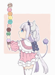 Rule 34 | 1girl, blue eyes, blush, brown background, capelet, commentary request, curled horns, dragon horns, dress, food, frilled capelet, frills, grey background, hair ornament, highres, holding, holding food, horns, ice cream, ice cream cone, kanna kamui, kobayashi-san chi no maidragon, long hair, long sleeves, looking at object, looking away, low twintails, open mouth, outline, outstretched arms, pikomarie, pink dress, profile, puffy long sleeves, puffy sleeves, silver hair, solo, thighhighs, too many, too many scoops, twintails, two-tone background, very long hair, white capelet, white outline, white thighhighs