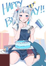 Rule 34 | 1girl, absurdres, animal ears, blue dress, blue hair, cake, cat ears, commentary, dress, eating, english commentary, fins, fish tail, food, fork, gawr gura, gawr gura (casual), happy birthday, hat, hievasp, highres, holding, holding fork, hololive, hololive english, looking at viewer, multicolored hair, party hat, shark tail, shirt, side ponytail, silver hair, solo, streaked hair, tail, two side up, virtual youtuber, white shirt