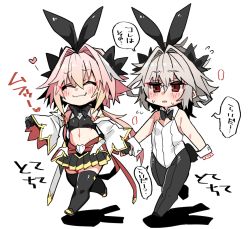 Rule 34 | ..., animal ears, astolfo (fate), astolfo (saber) (fate), bare shoulders, blush, commentary request, crossdressing, closed eyes, fake animal ears, fate/apocrypha, fate/grand order, fate (series), full body, grey hair, hair between eyes, haoro, heart, leotard, long hair, male focus, male playboy bunny, midriff, multicolored hair, navel, pantyhose, pink hair, playboy bunny, rabbit ears, rabbit tail, red eyes, scabbard, sheath, sieg (fate), simple background, skirt, sleeveless, speech bubble, stomach, strapless, strapless leotard, streaked hair, tail, thighhighs, translation request, trap, two-tone hair, walking, white background, white hair, wrist cuffs, yaoi, zettai ryouiki