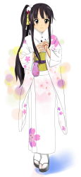 Rule 34 | 00s, 1girl, akiyama mio, black eyes, black hair, female focus, full body, highres, japanese clothes, k-on!, kimono, long hair, ponytail, side ponytail, solo, sumomo (tyc78503012), white background
