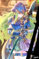 Rule 34 | 1girl, armor, artist name, belt, blue armor, blue eyes, blush, breastplate, detached sleeves, fire emblem, fire emblem: path of radiance, gloves, green eyes, green hair, helmet, highres, holding, holding weapon, indoors, ippers, long hair, nephenee, nintendo, polearm, shadow, shield, skirt, solo, spear, thighhighs, weapon