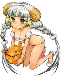 Rule 34 | 1girl, braid, breasts, character request, crescent, goat horns, green eyes, hair ornament, holding, horns, kiro (an kilo), kiro (pixiv), livly, livly island, long hair, lowres, panties, personification, sheep horns, silver hair, simple background, solo, star (symbol), tears, twin braids, twintails, underwear, underwear only, white background, white panties